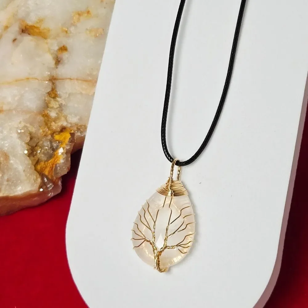 Tree of Life Clear Quartz Teardrop Wire Wrapped Necklace Healing Crystal Jewelry